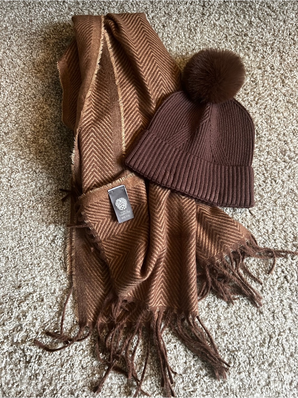 Vince Camuto Brown Pom-Pom Beanie and Matching Herringbone Scarf